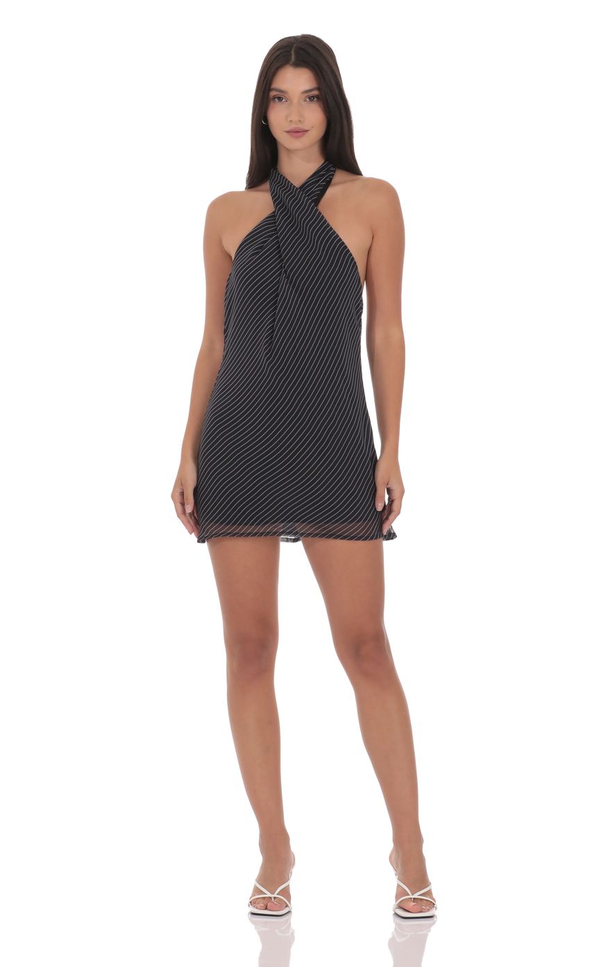 Product image for Pinstripe Cross Halter Dress in Black