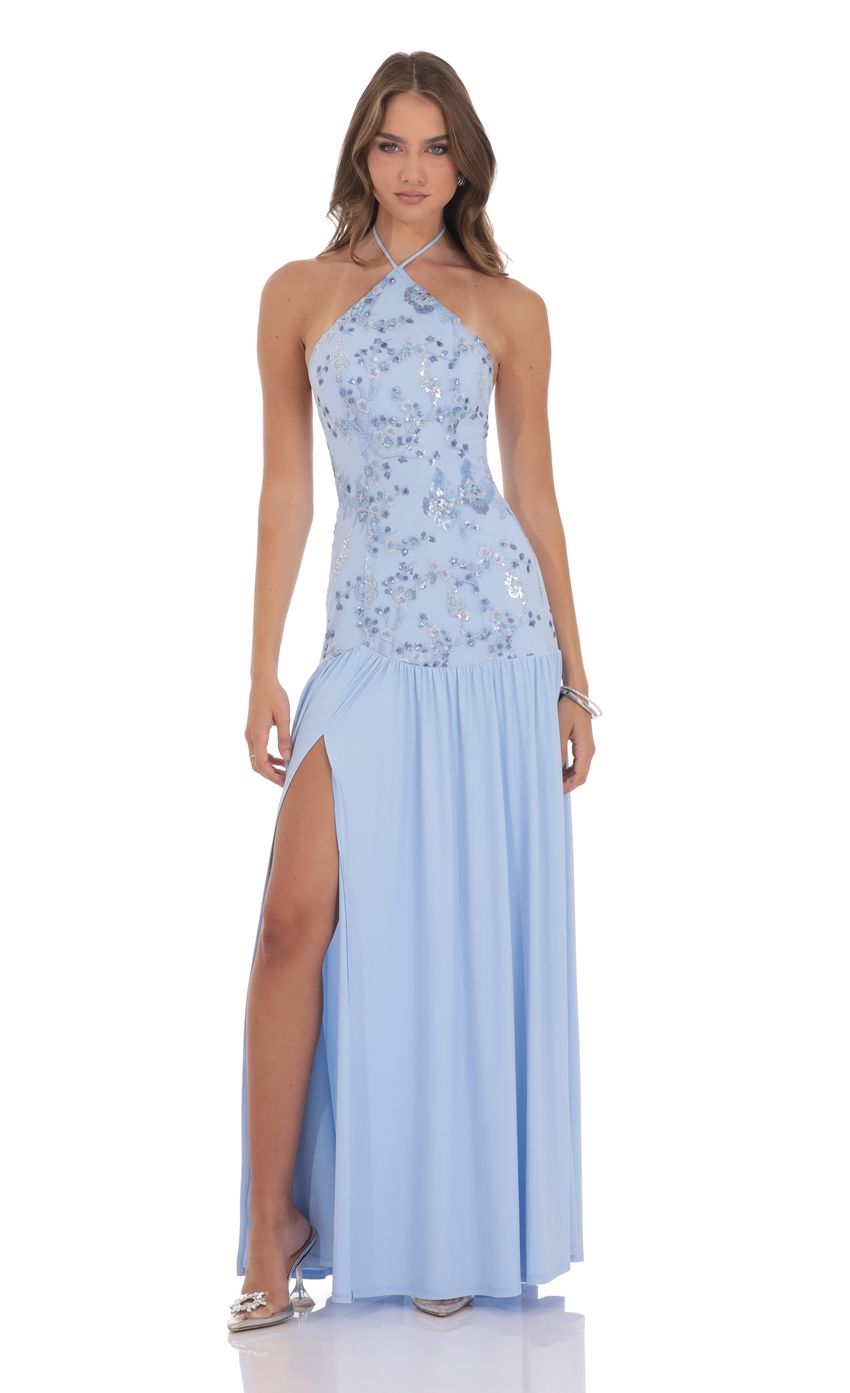 Product image for Drop Waist Sequin Maxi Dress in Light Blue