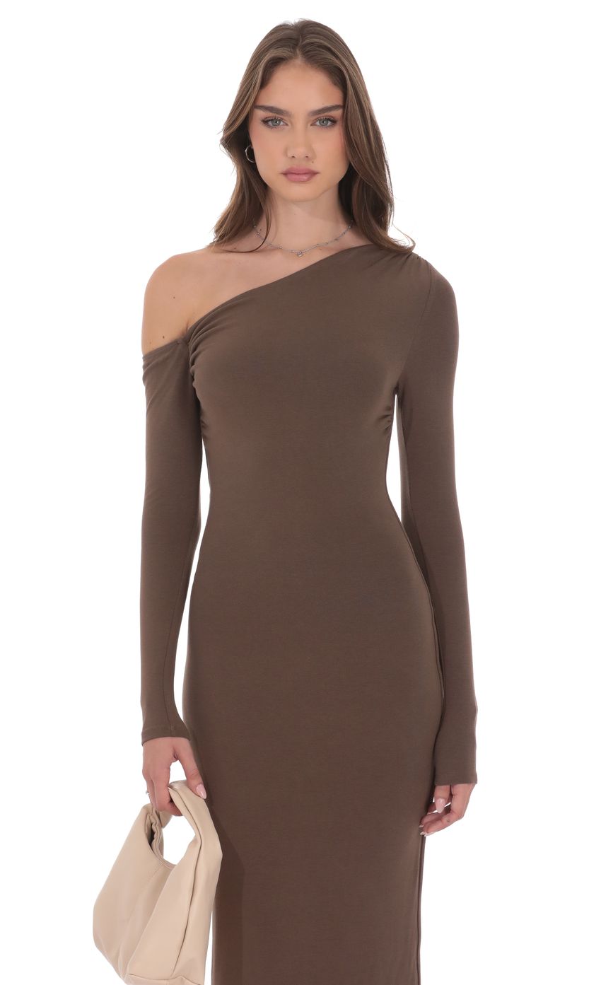 Product image for Off Shoulder Long Sleeve Maxi Dress in Brown