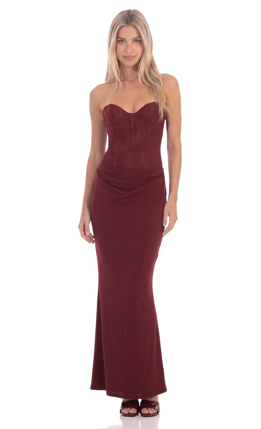 Product image for Strapless Lace Maxi Dress in Burgundy