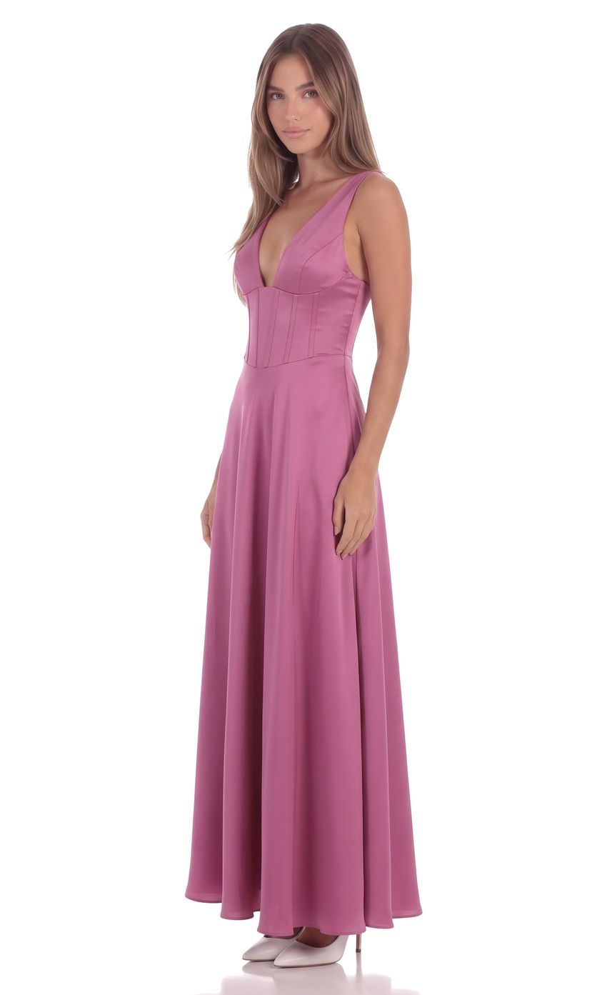 Product image for Satin Plunge Neck Corset Maxi Dress in Magenta