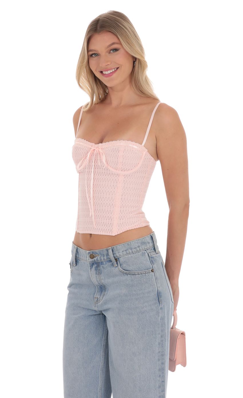 Picture Bow Mesh Bustier in Pink. Source: https://media-img.lucyinthesky.com/data/product-media/850xAUTO/1e8c6705-0a5b-47e4-8ec4-687915b03fdd.jpg