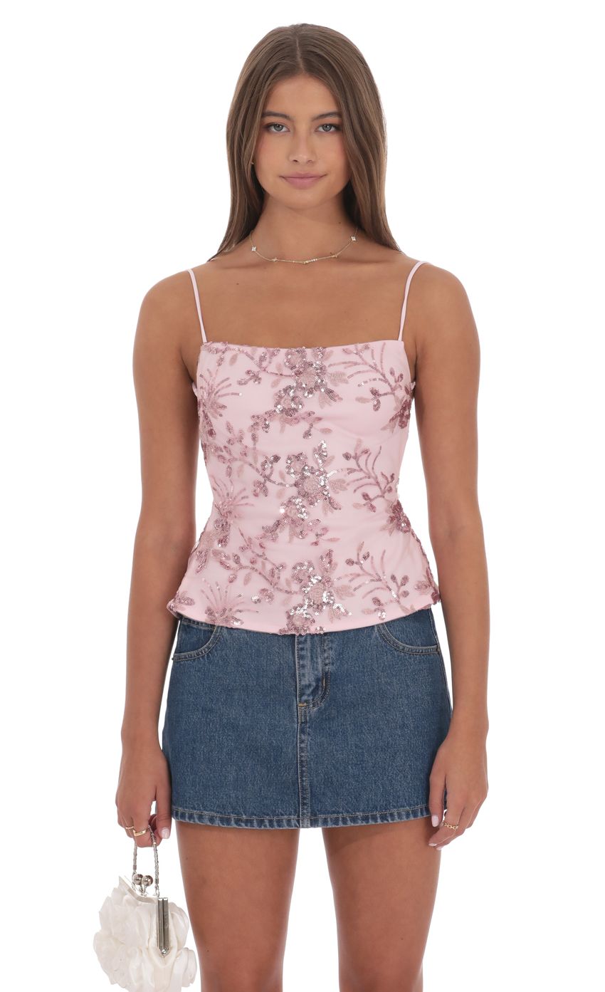 Product image for Sequin Floral Open back Top in Pink