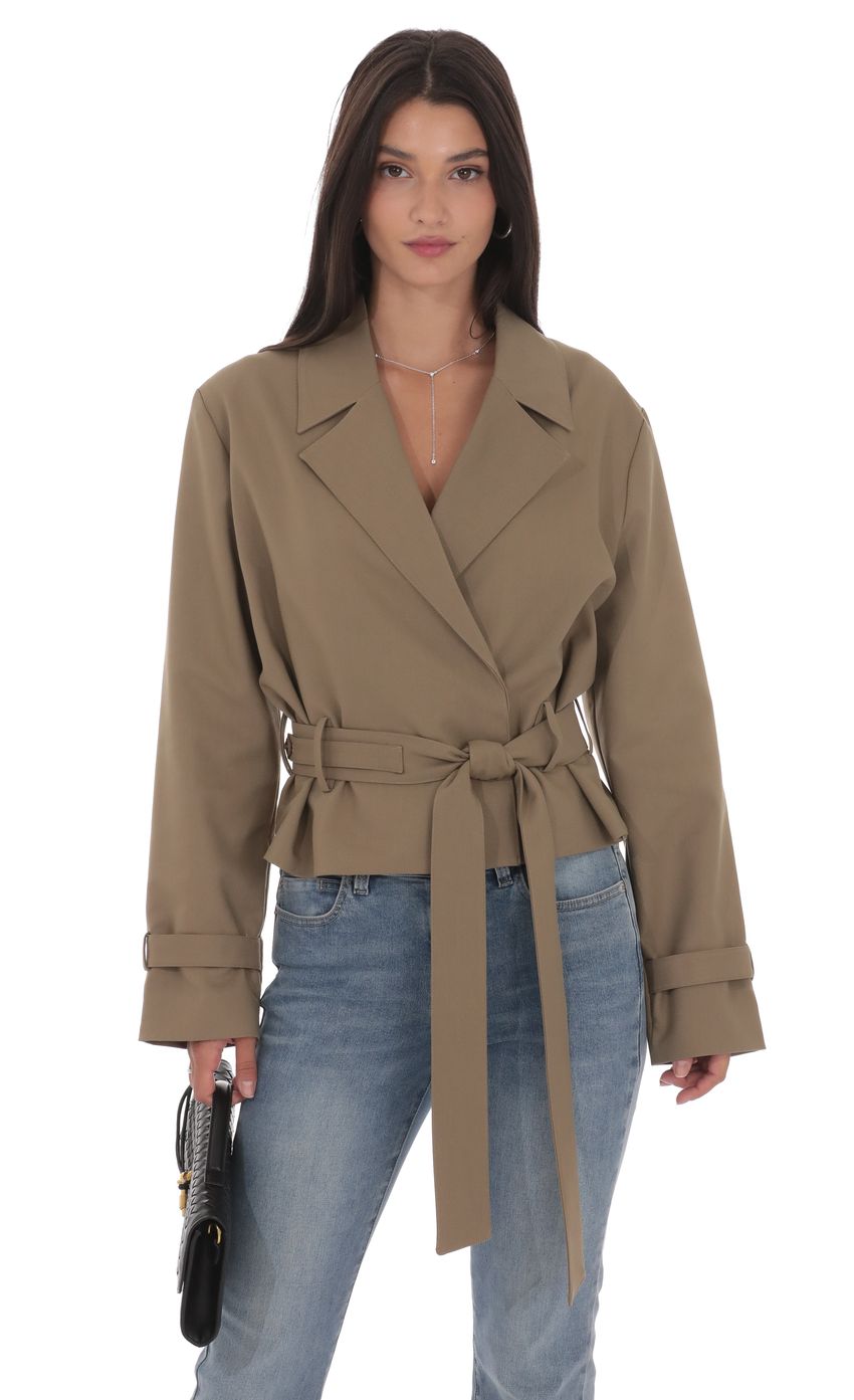 Product image for Belted Short Trench Coat in Khaki