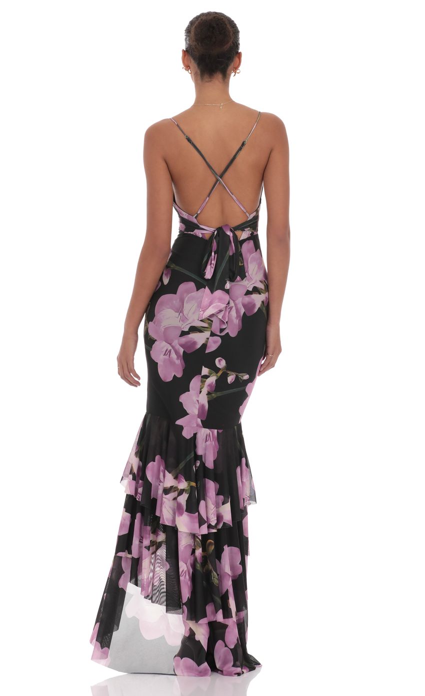 Picture Mesh Floral Ruffle Fishtail Maxi Dress in Black. Source: https://media-img.lucyinthesky.com/data/product-media/850xAUTO/2191f4c1-2b05-463e-ab75-59fda0dff897.jpg