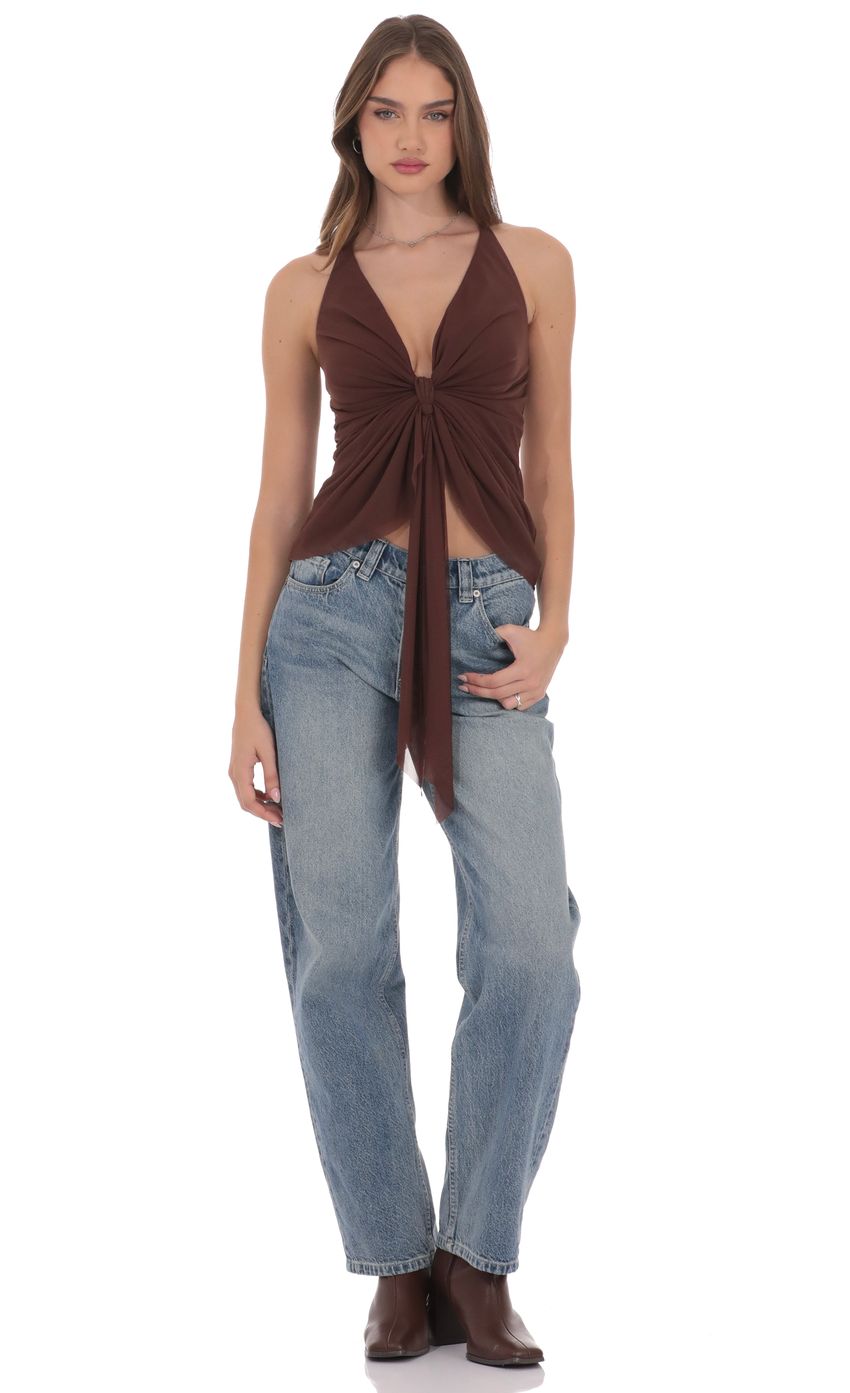 Product image for Mesh Plunge Two-Piece Tie Top in Brown