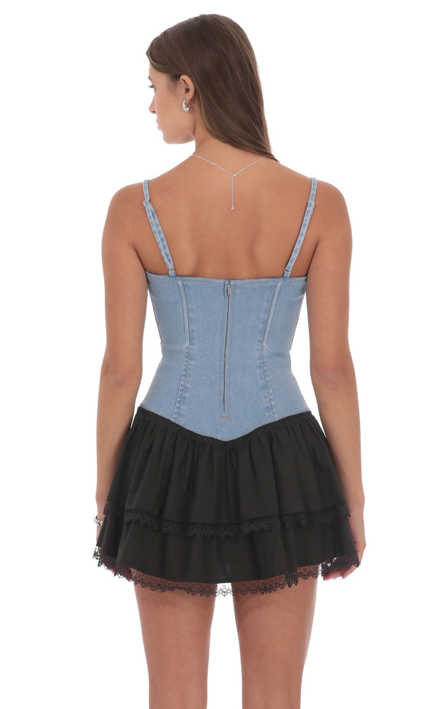 Product image for Two Toned Denim Ruffle Dress in Blue and Black