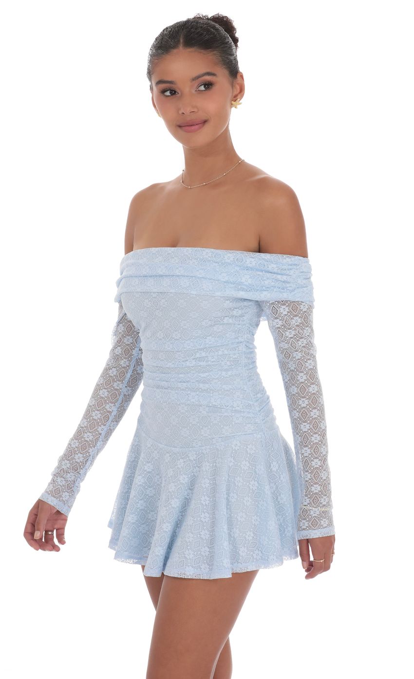 Picture Lace Off Shoulder Flare Dress in Light Blue. Source: https://media-img.lucyinthesky.com/data/product-media/850xAUTO/23cd926b-94e5-4fda-b75a-eb9ead92b0d3.jpg