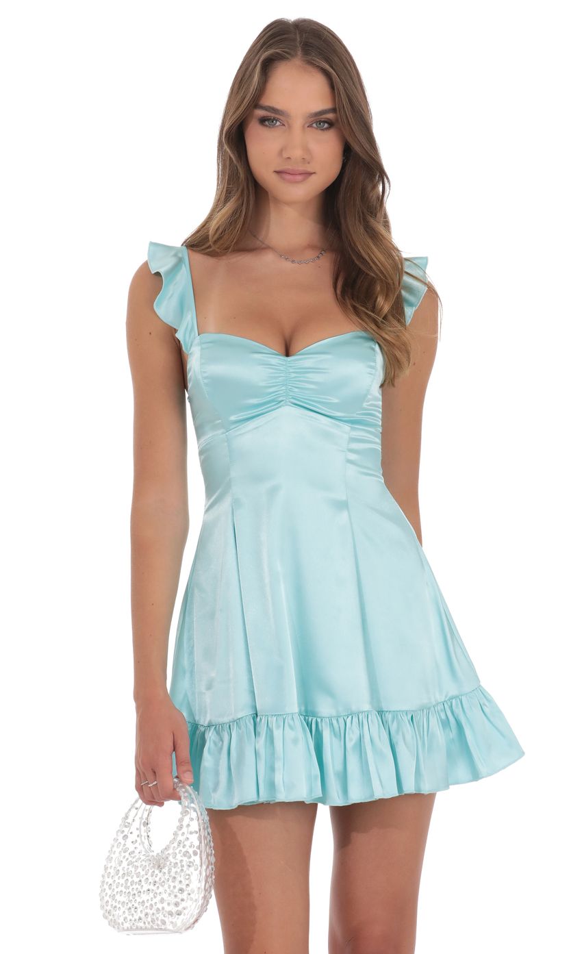 Product image for Satin Ruffle Fit and Flare Dress in Cyan