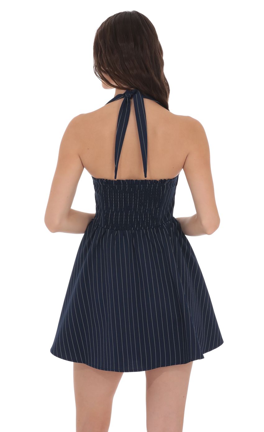 Product image for Pinstripe Halter Fit and Flare Dress in Navy