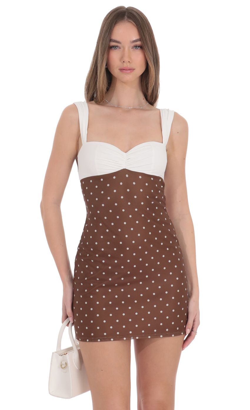 Product image for Two-Tone Polka Dot Mesh Bodycon Dress in Brown