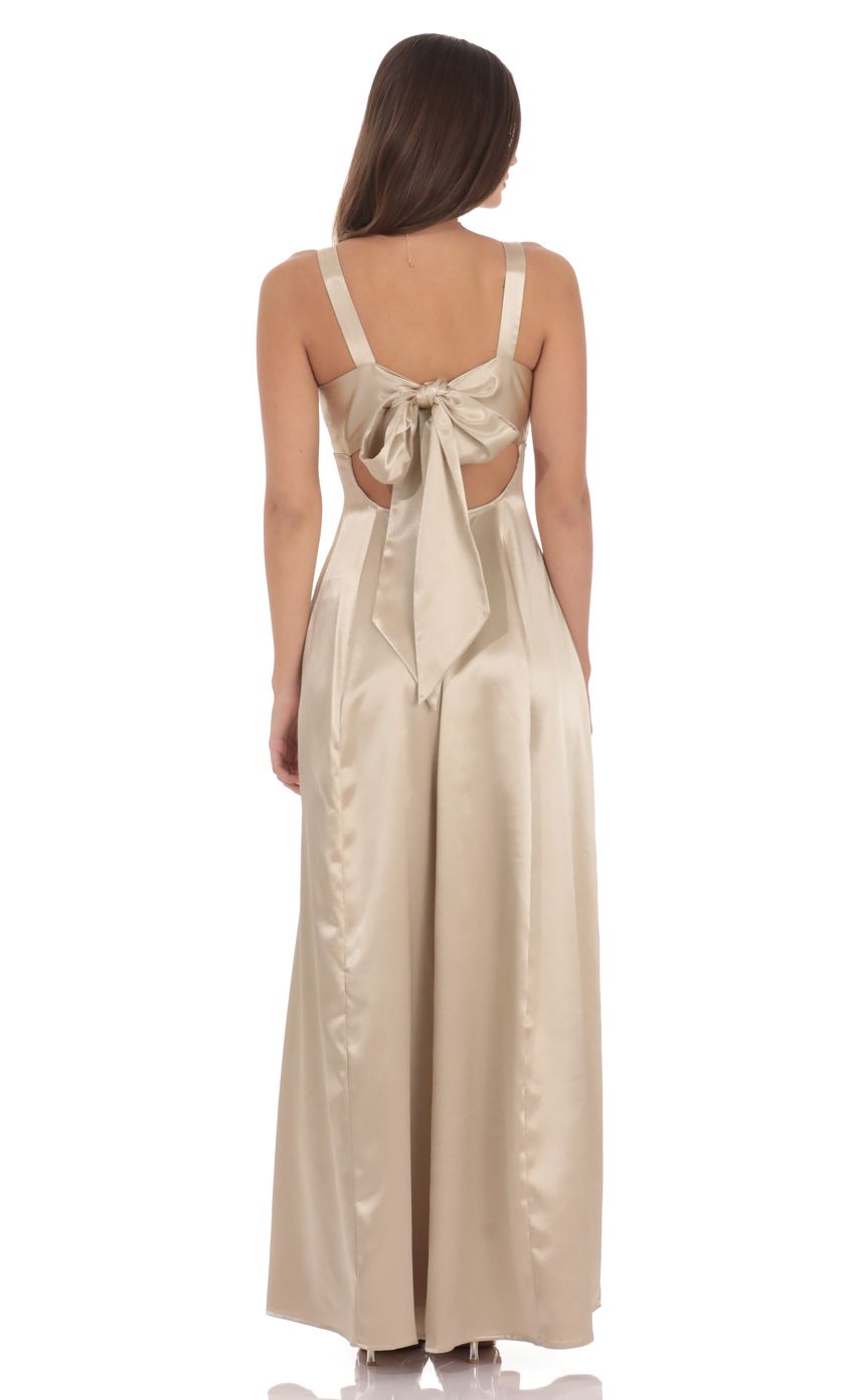 Product image for Satin V-Neck Fit and Flare Maxi Dress in Gold