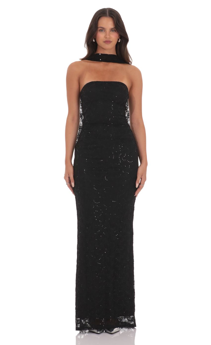 Product image for Sequin Scarf Lace Maxi Dress in Black