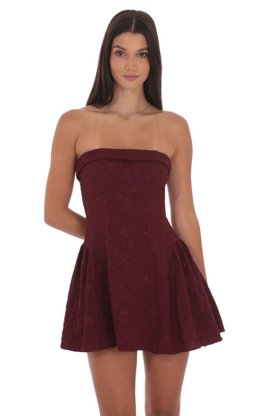 Product image for Jacquard Strapless Flare Dress in Burgundy