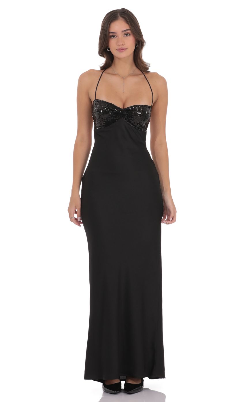 Product image for Sequin Bust Satin Maxi Dress in Black