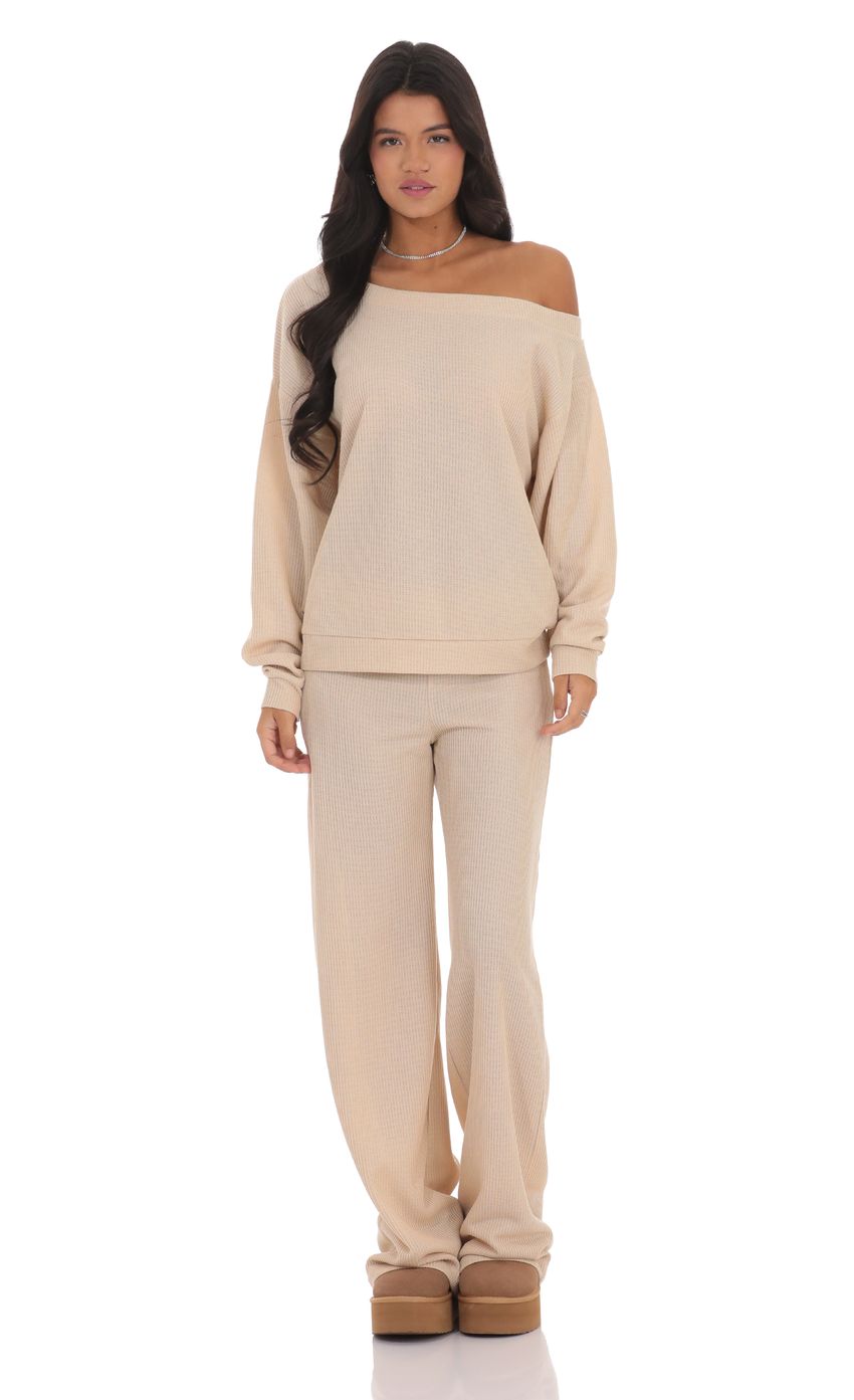 Picture Off Shoulder Knit Oversized Jumper in Beige. Source: https://media-img.lucyinthesky.com/data/product-media/850xAUTO/273f9c89-6719-4cee-af9f-d11102d84325.jpg