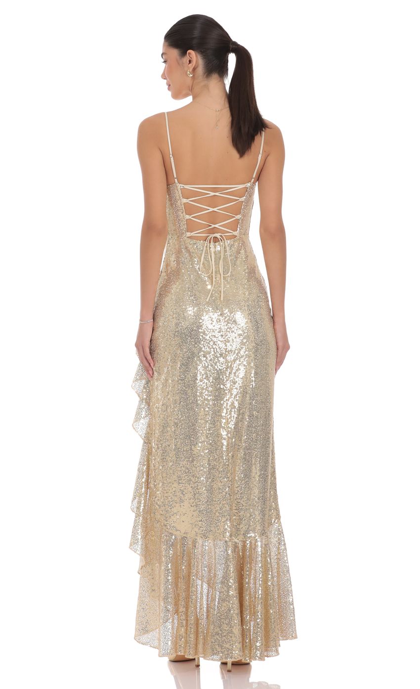 Product image for Sequin Ruffle Maxi Dress in Gold