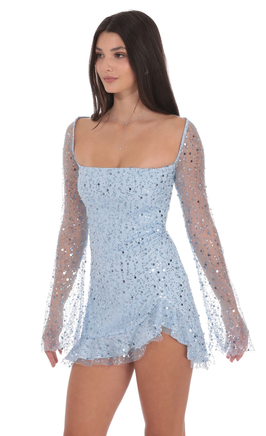 Product image for Sequin Flare Long Sleeve Dress in Light Blue