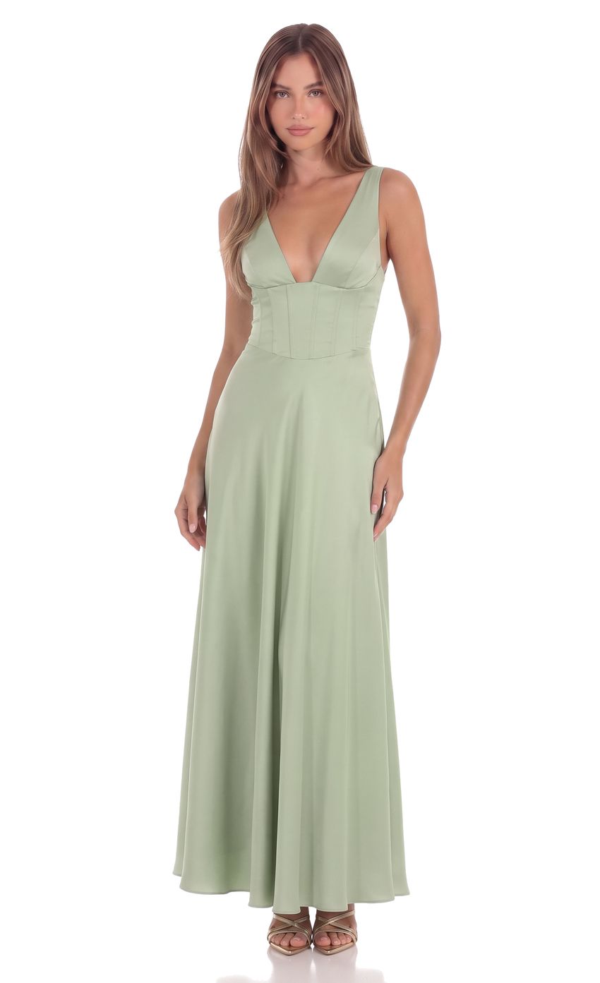 Product image for Satin Plunge Neck Corset Maxi Dress in Sage
