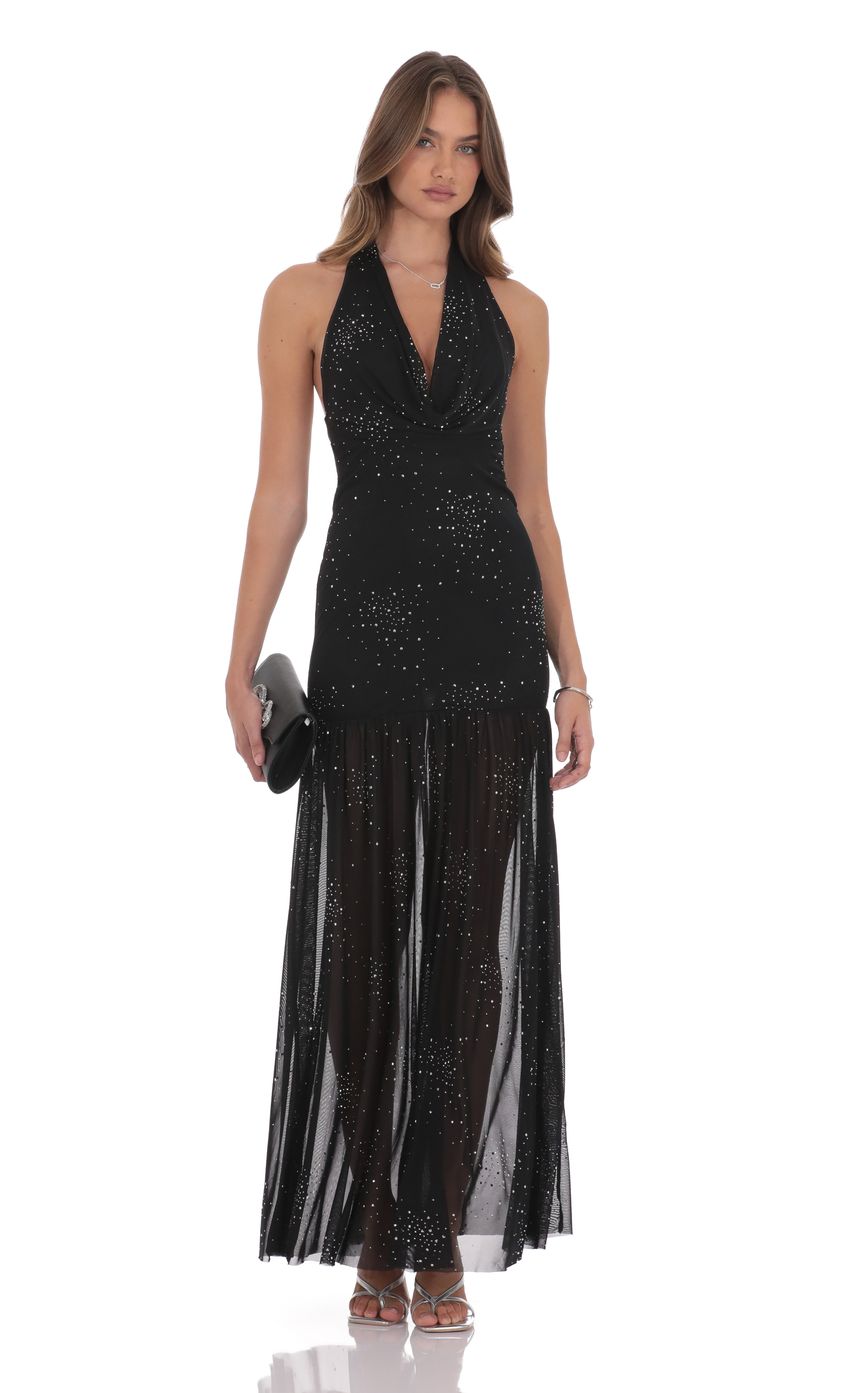 Product image for Rhinestone Plunge Cowl Neck Maxi Dress in Black