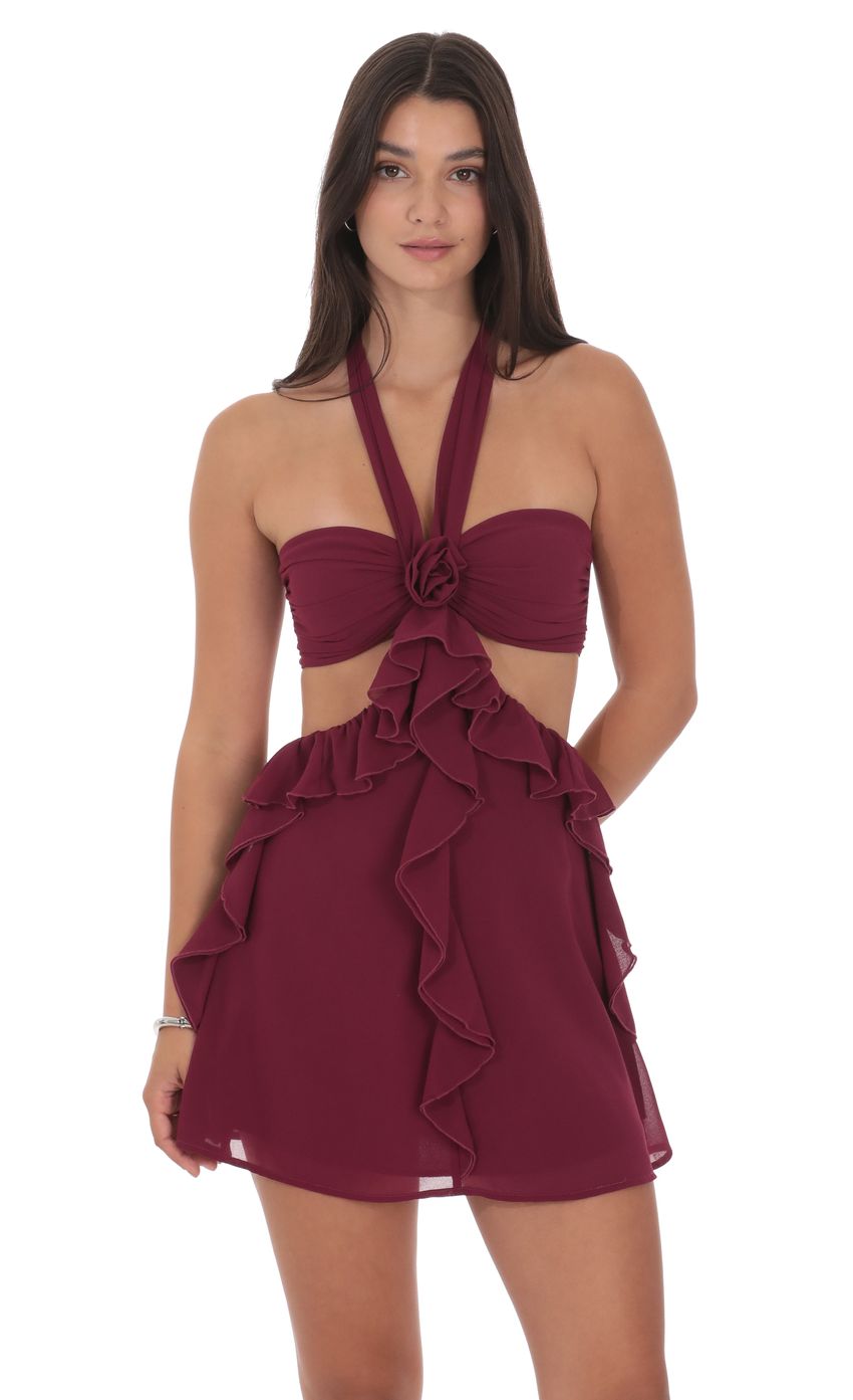 Product image for Chiffon Cutout Ruffle Dress in Plum
