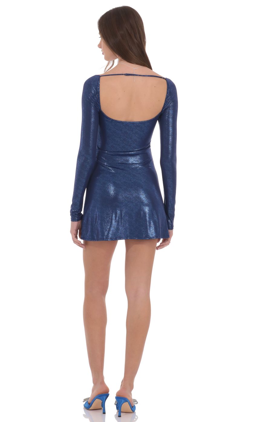 Product image for Embellished Foil Long Sleeve Dress in Blue