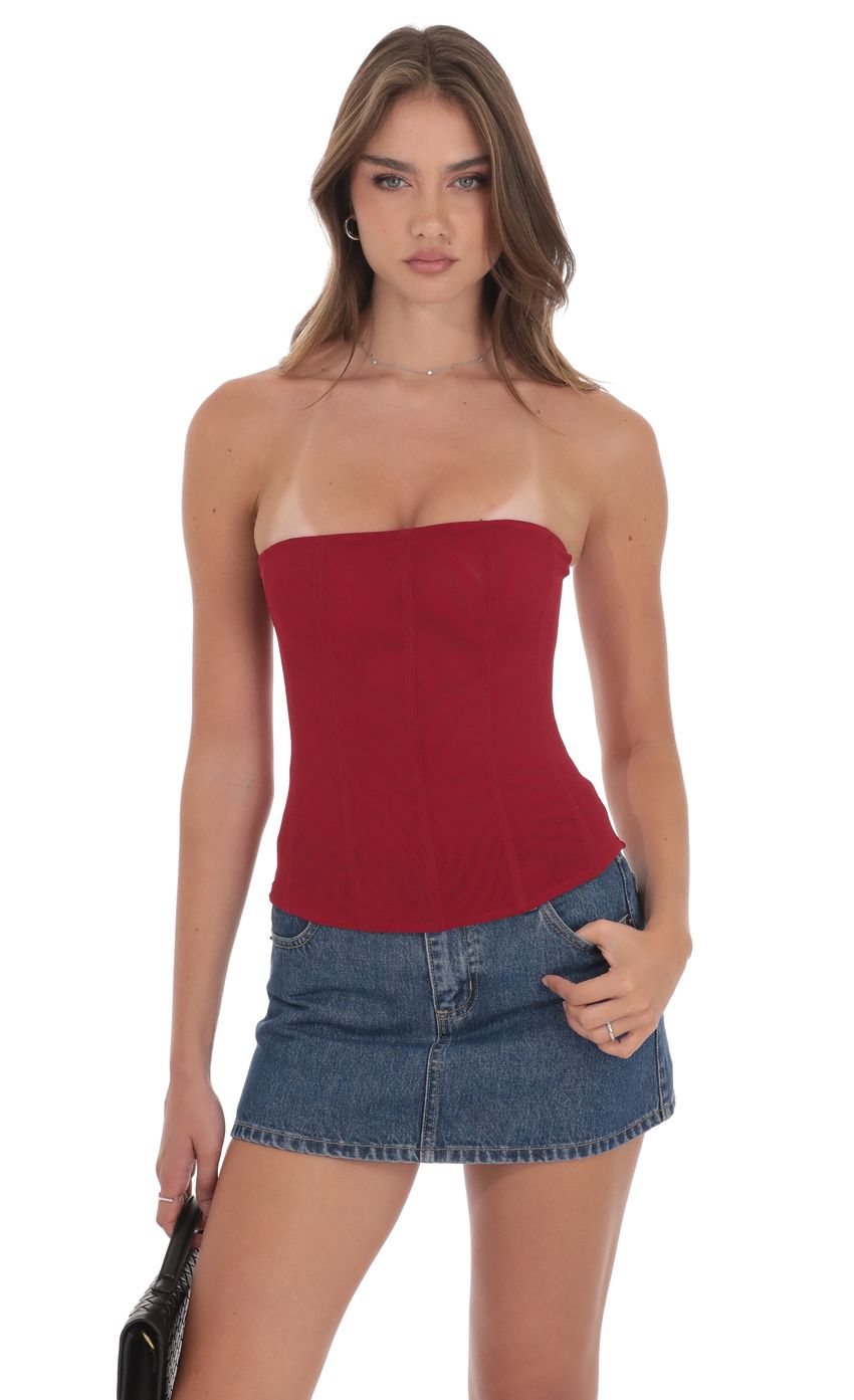 Product image for Sheer Mesh Strapless Corset Top in Red