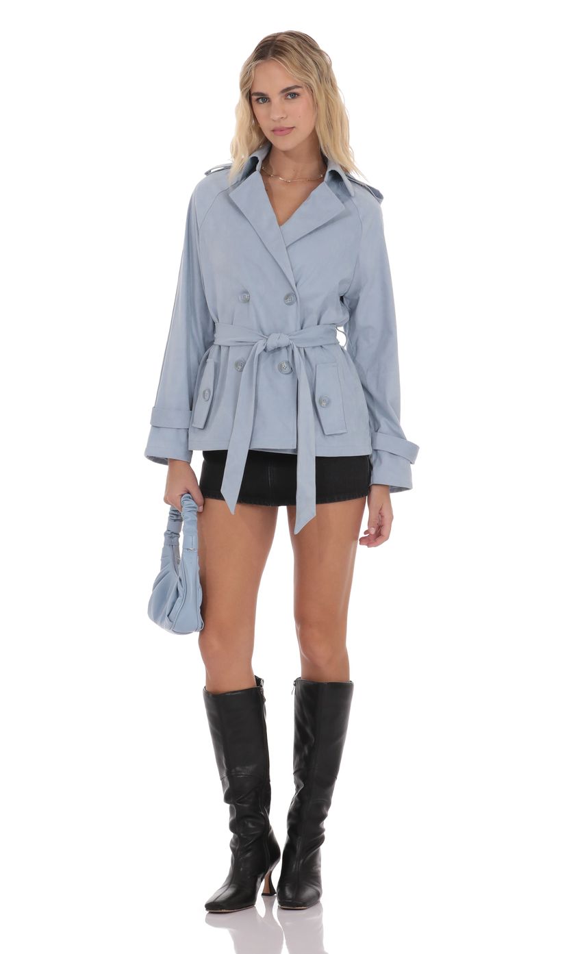 Product image for Suede Double Breasted Trench Coat in Sky Blue