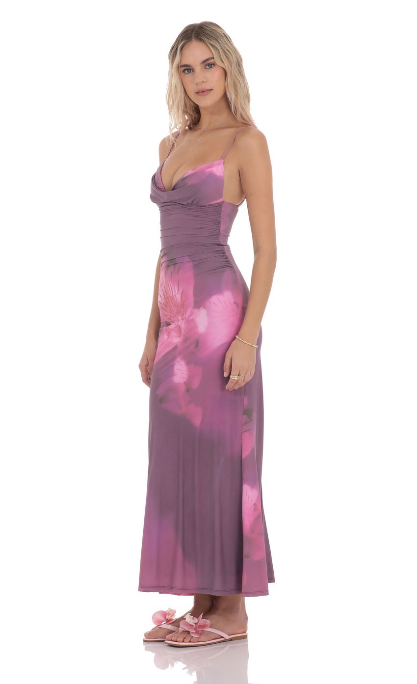 Picture Floral Ruched Cowl Neck Maxi Dress in Purple. Source: https://media-img.lucyinthesky.com/data/product-media/850xAUTO/29ab6c9a-a5e7-43d9-a813-1265b8ae782f.jpg