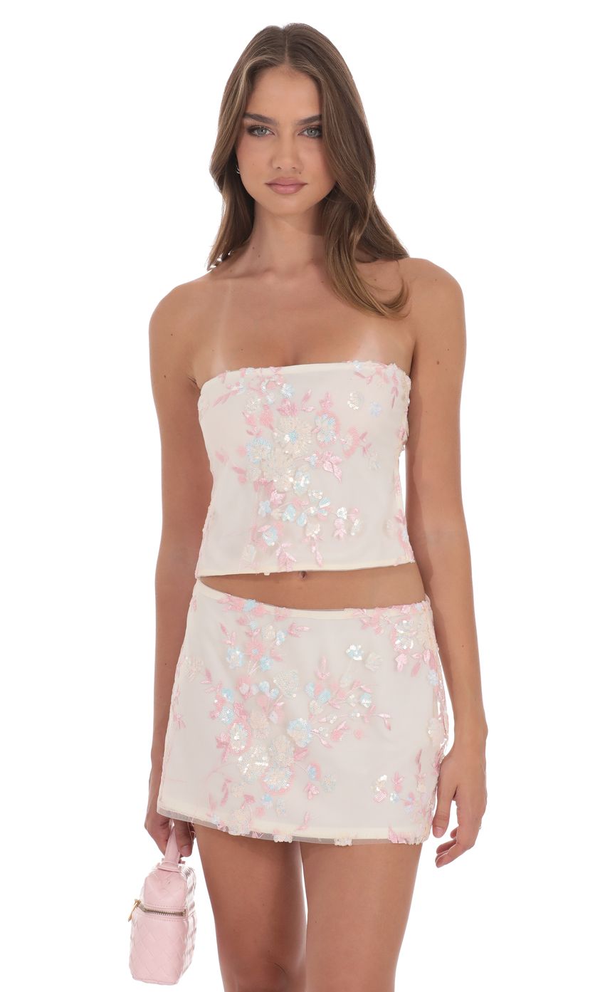 Product image for Floral Sequin Strapless Top in Cream
