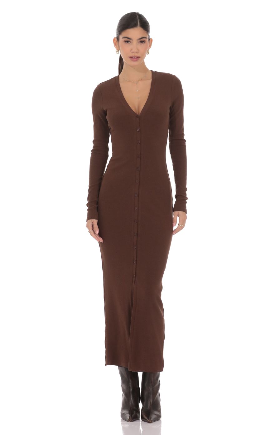 Product image for Button Down Ribbed Maxi Dress in Brown
