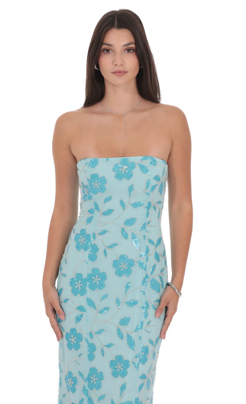 Product image for Floral Sequin Strapless Maxi Dress in Aqua Blue