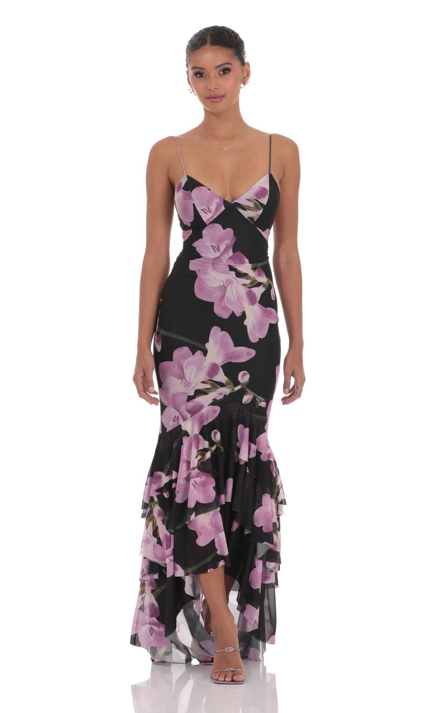 Picture Mesh Floral Ruffle Fishtail Maxi Dress in Black. Source: https://media-img.lucyinthesky.com/data/product-media/850xAUTO/2cebc8de-51eb-44e7-ba25-3cdf9bf57f50.jpg