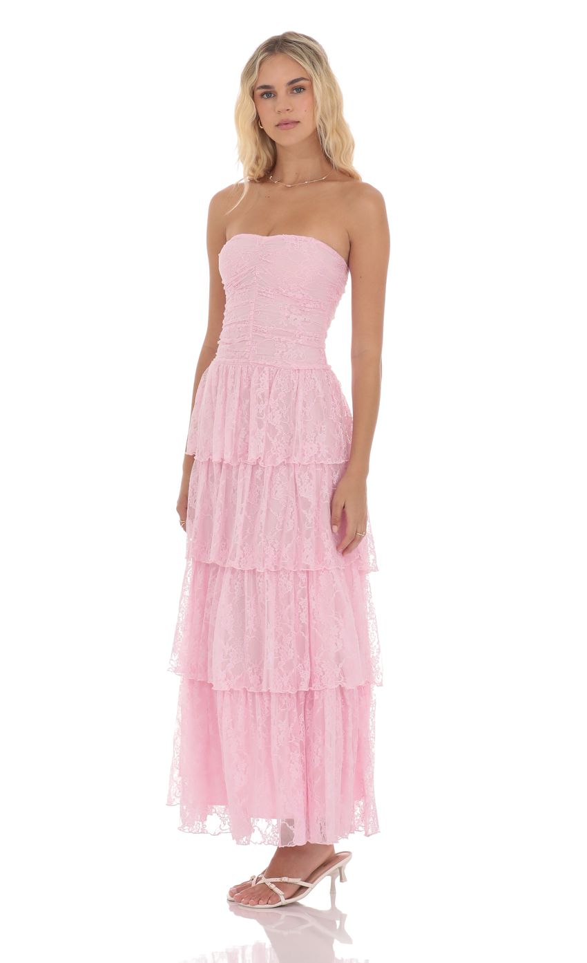 Picture Lace Ruched Ruffle Maxi Dress in Pink. Source: https://media-img.lucyinthesky.com/data/product-media/850xAUTO/2e77e662-c885-47ac-971c-b9facdf504c2.jpg