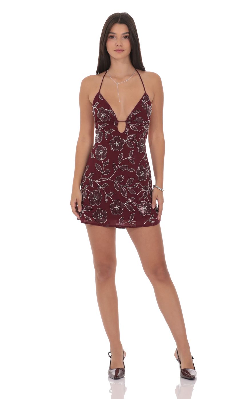 Product image for Floral Sequin Beaded Dress in Burgundy