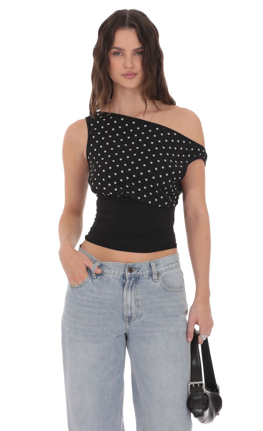 Product image for Polka Dot Boat Neck Top in Black