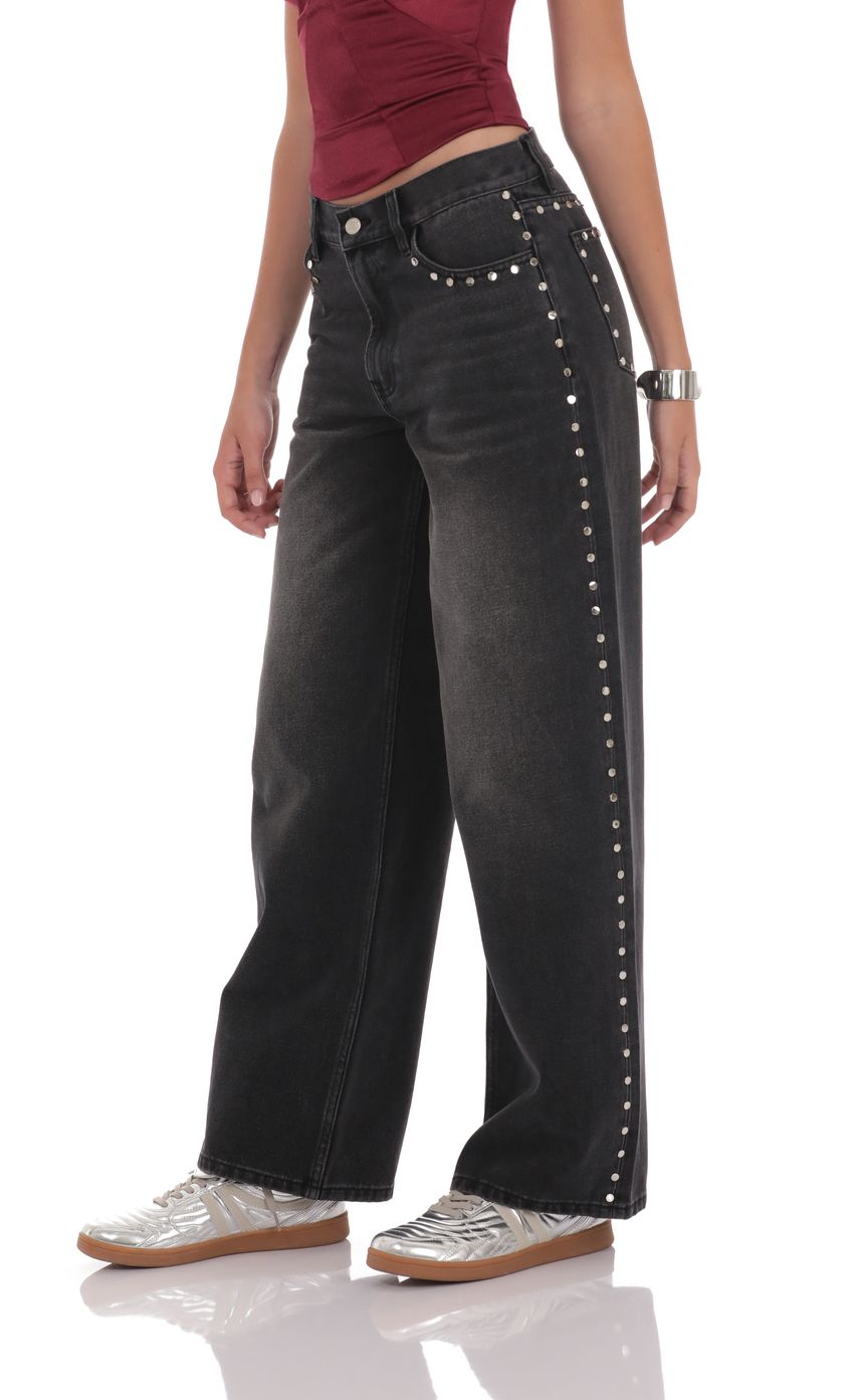 Product image for Studded Mid Rise Baggy Jeans in Faded Black