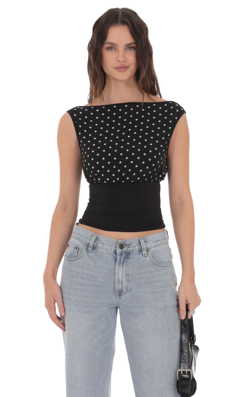 Product image for Polka Dot Boat Neck Top in Black