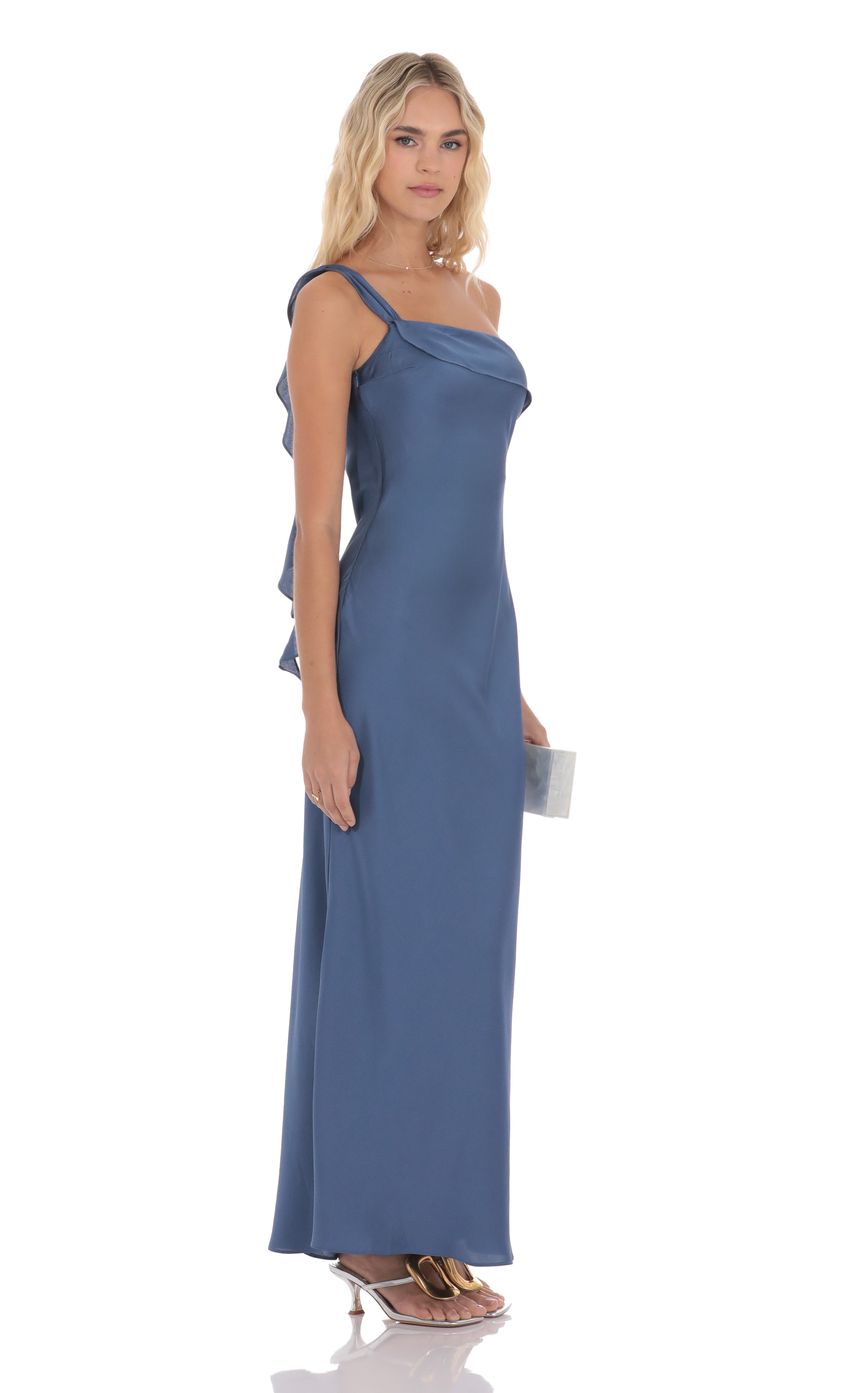 Picture Satin One Shoulder Tassel Maxi Dress in Denim Blue. Source: https://media-img.lucyinthesky.com/data/product-media/850xAUTO/3049efcd-ce83-4086-b050-cefe2c523d44.jpg