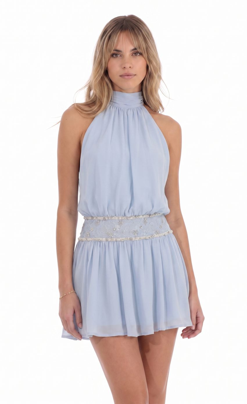 Product image for Beaded Waist Halter Mini Dress in Light Blue