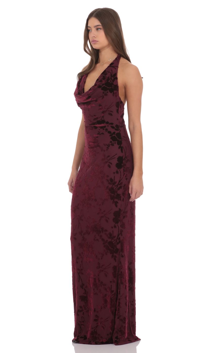 Product image for Velvet Floral Halter Cowl Neck Maxi Dress in Plum