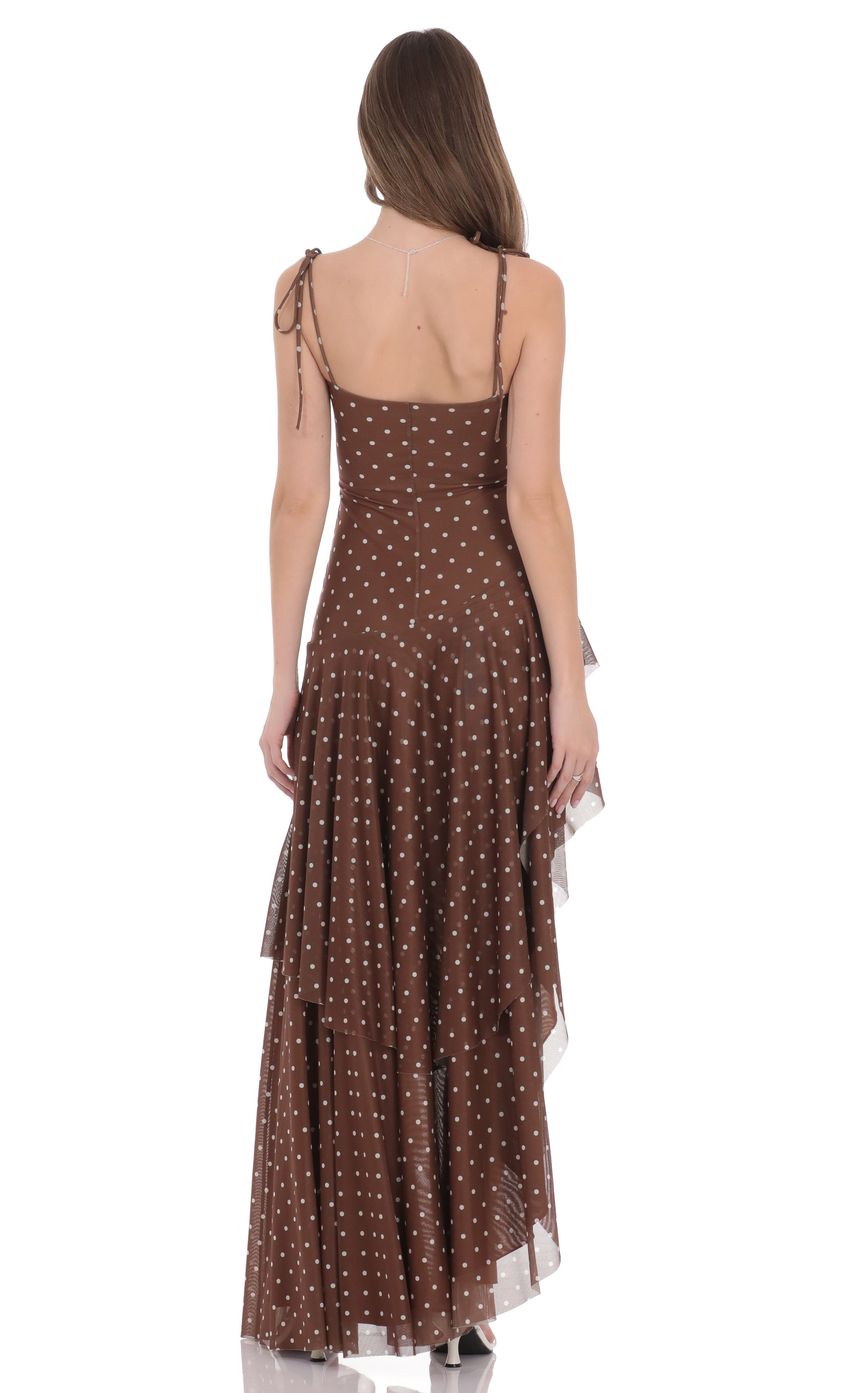 Product image for Polka Dot Asymmetrical Maxi Dress in Brown