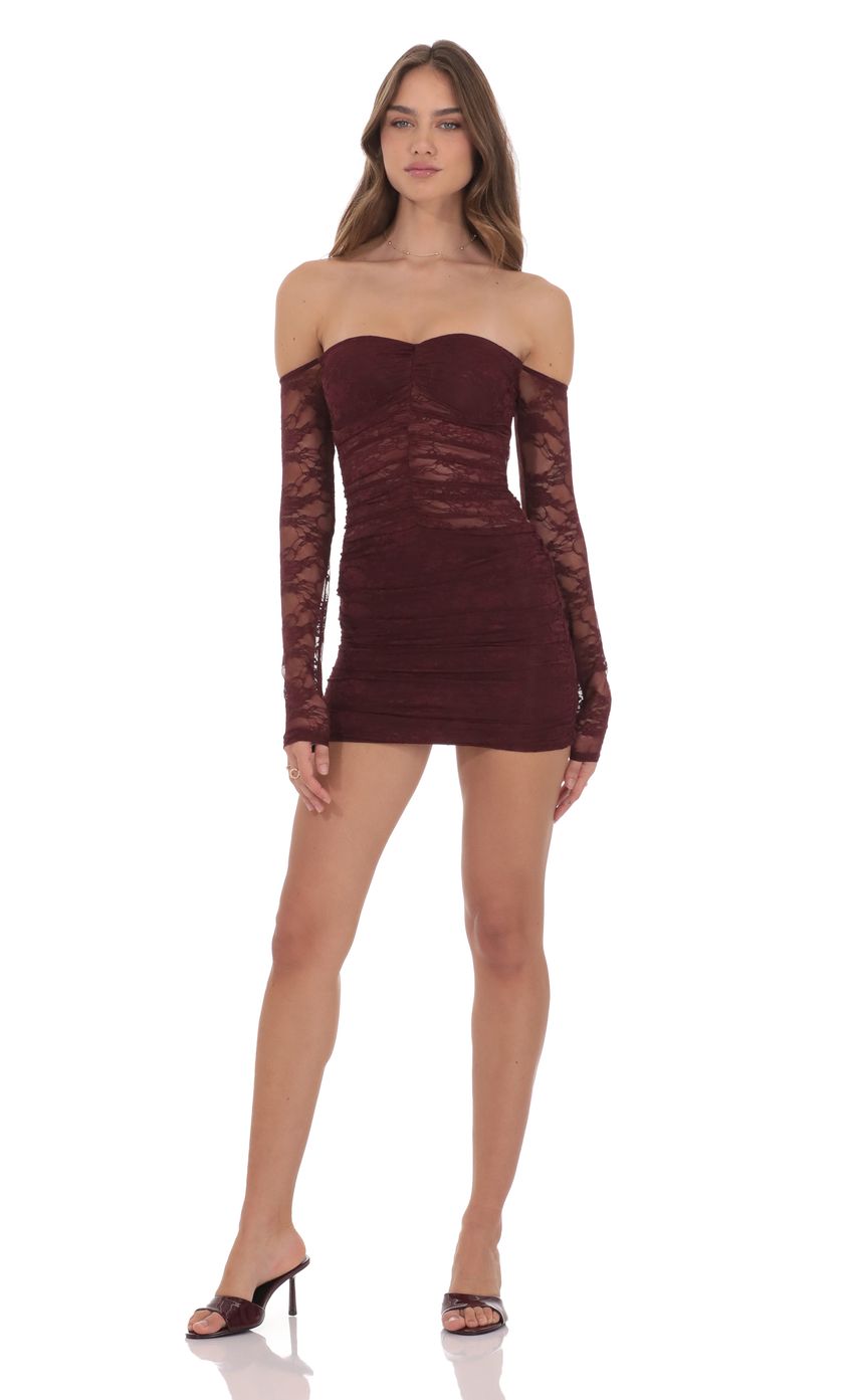 Product image for Lace Off Shoulder Bodycon Dress in Burgundy