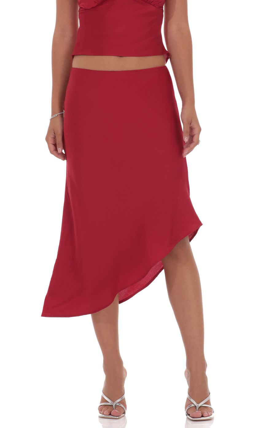 Product image for Satin Asymmetrical Midi Skirt in Red