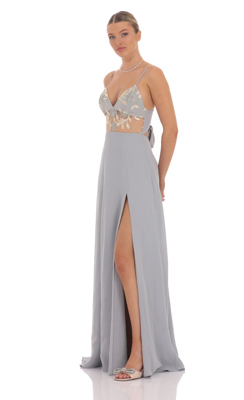 Picture Embroidered Floral Cutout Maxi Dress in Grey. Source: https://media-img.lucyinthesky.com/data/product-media/850xAUTO/3189d631-35d7-44eb-a2f2-91cf9217666f.jpg