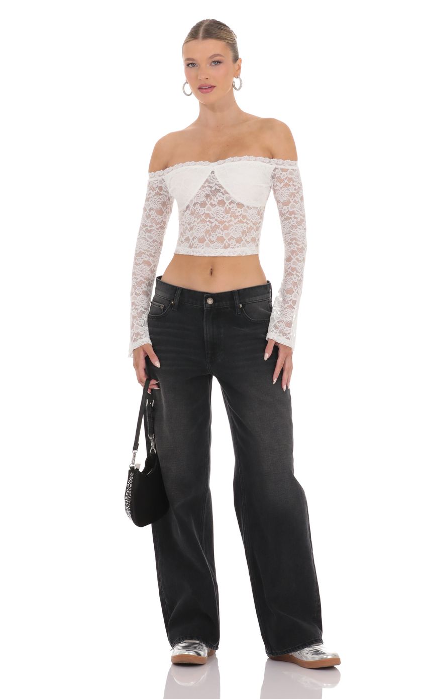 Picture Off Shoulder Sheer Lace Top in White. Source: https://media-img.lucyinthesky.com/data/product-media/850xAUTO/31a3d53b-e18b-487e-a810-74d84a9bb6d6.jpg