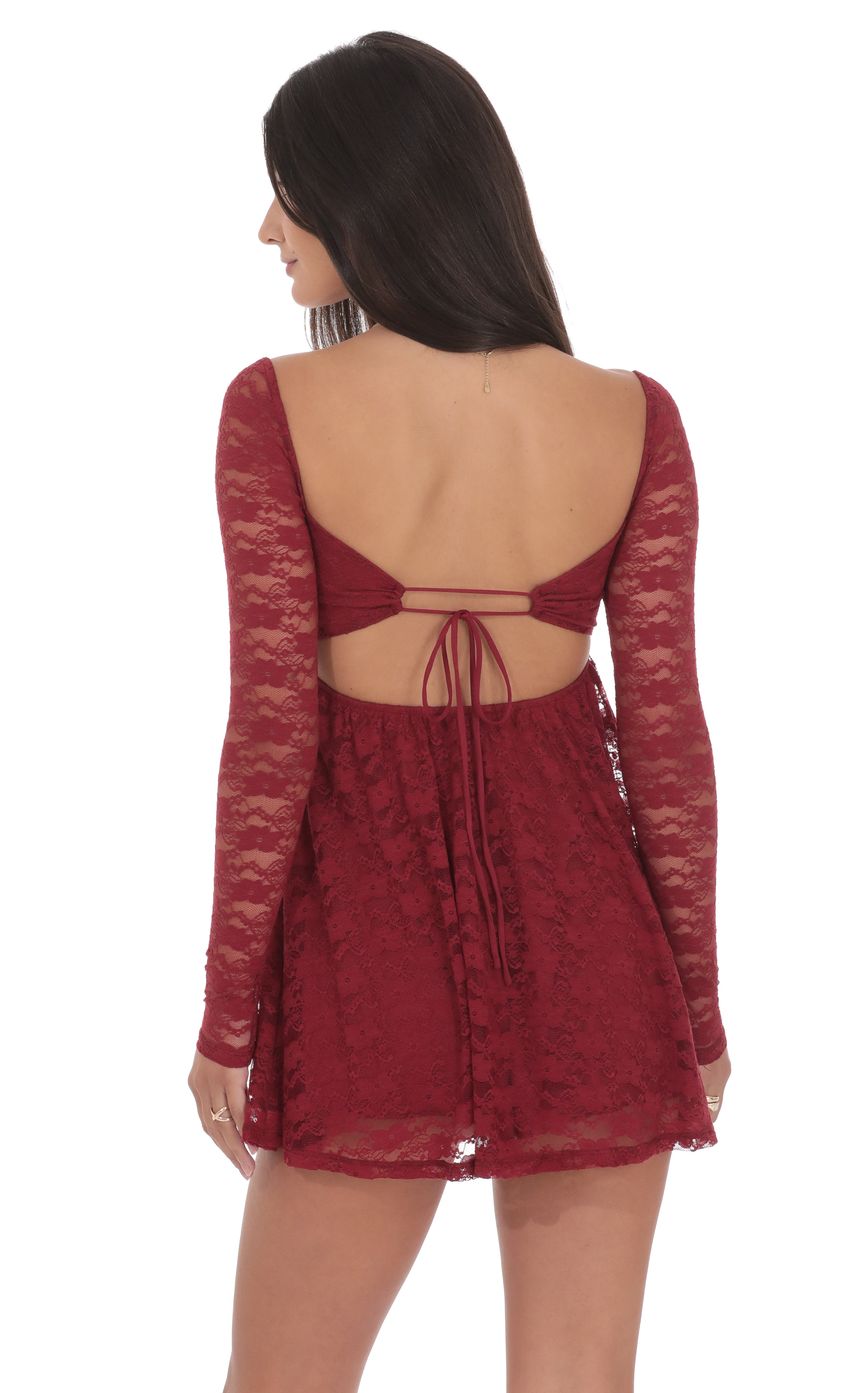 Product image for Lace Long Sleeve Babydoll Dress in Maroon