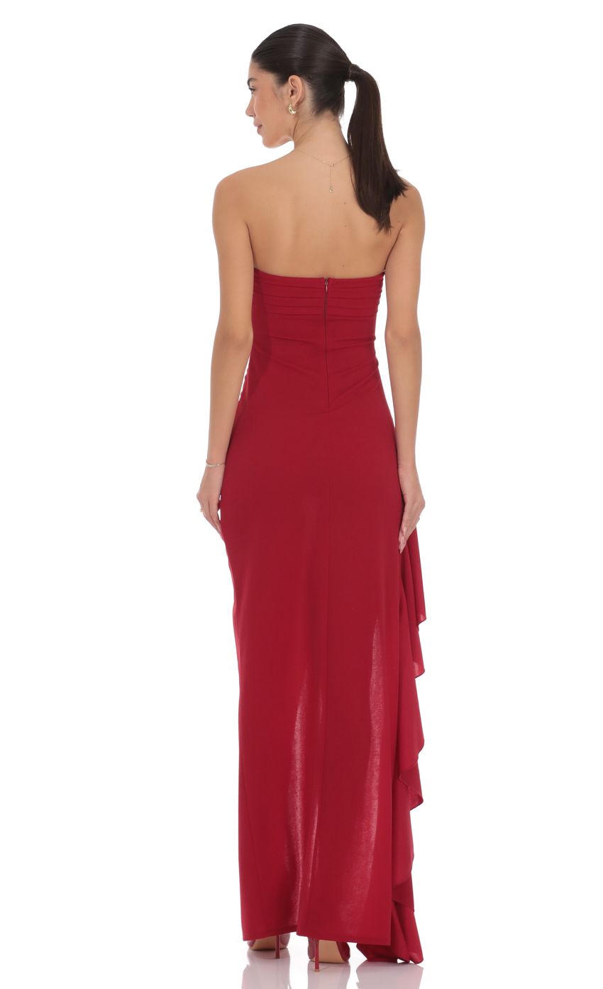Product image for Strapless Ruched Ruffle Maxi Dress in Maroon