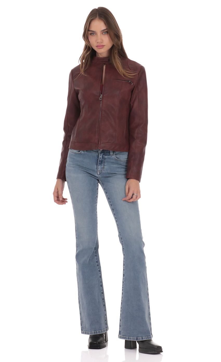 Product image for Faux Leather Biker Jacket in Burgundy