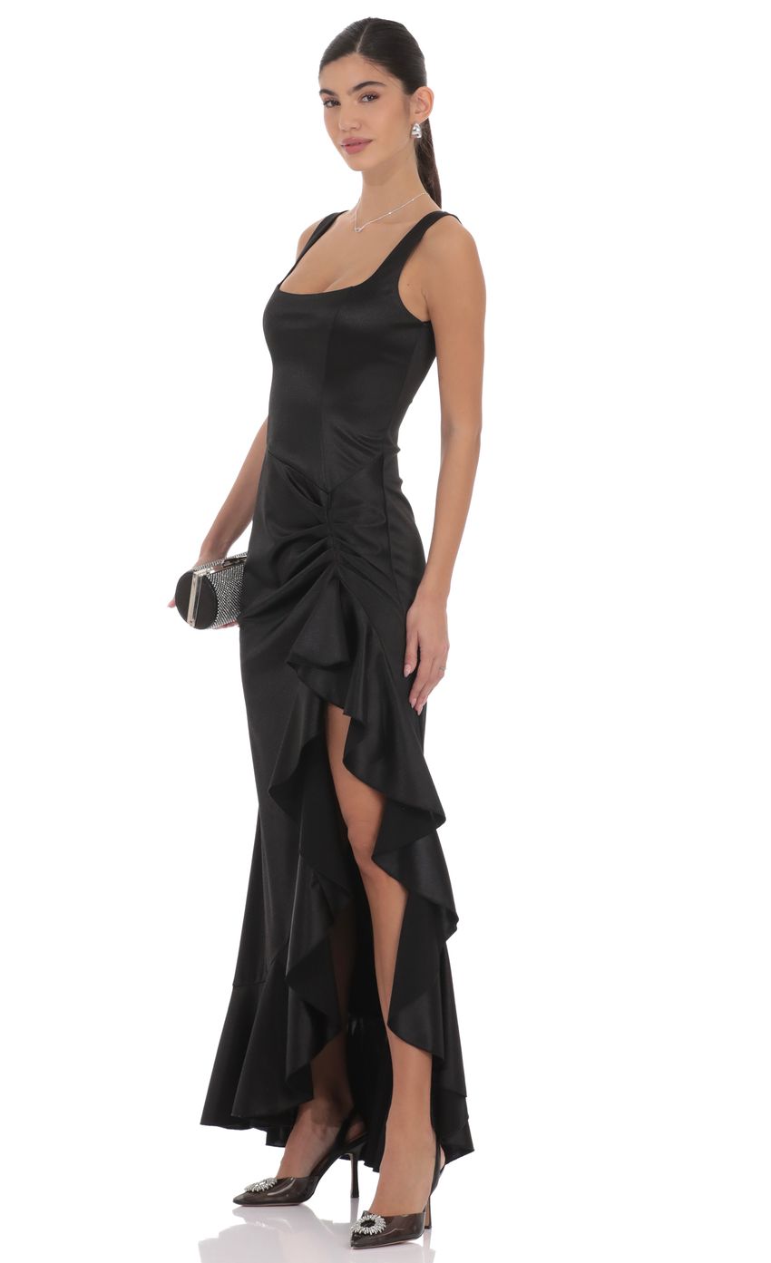Product image for Satin Ruched Ruffle Slit Maxi Dress in Black